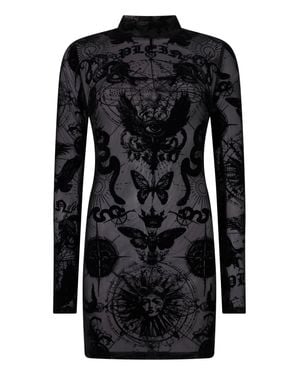 Philipp Plein Long Sleeve Mini Dress Flock Butterfly Tattoo - Black