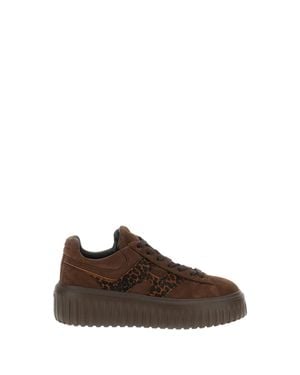 Hogan Dark H-Stripes Suede Pony-Hair Sneakers - Brown