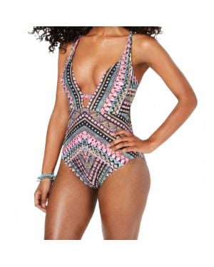 BarIII Printed Plunging One Piece Tummy Control Swimsuit - Blue
