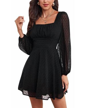 LYNYER Swiss Dot Square Sheer Sleeve Dress - Black