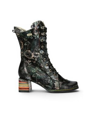 Laura Vita Goth Victorian Floral Leather High Lace-Up Boots - Black