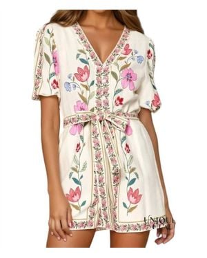 Lalavon Rafaela Flower Print Short Puff Sleeve Romper - White