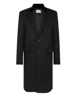 Philipp Plein Wool Coat Long Skull & Bones - Black