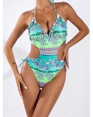 TRUEDAMES Sexy Backless Slim Fit Printed Bikini One Piece Swimsuit With Ruffled Design - Blue