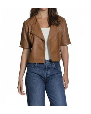 11 Uptown Collarless Short Sleeve Leather Moto Jacket - Blue