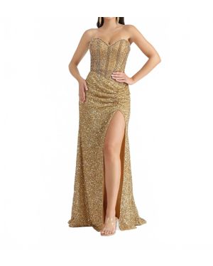 Belle Couture Sequin Sweetheart Neck Gown With High Slit - Metallic