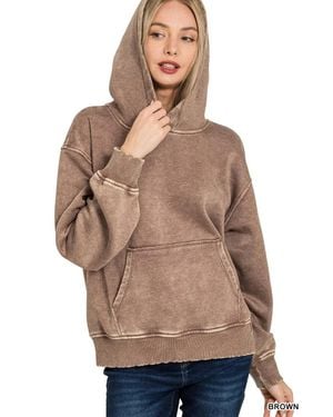 TRUEDAMES Fleece Acid Wash Kangaroo Pocket Hoodie - Brown
