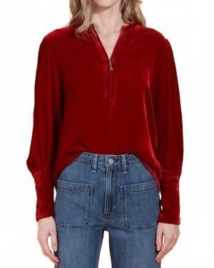 Jessie Liu Silk Velvet Zip Front Blouse - Red