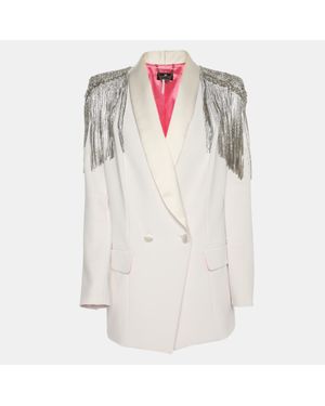 Elisabetta Franchi Stretch Crepe Metal And Crystal Fringe Double Breasted Blazer - White