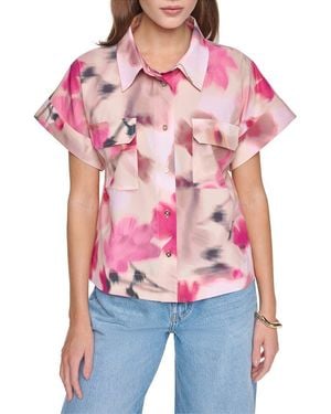 Halston Printed Short Sleeve Button Up Shirt - Red