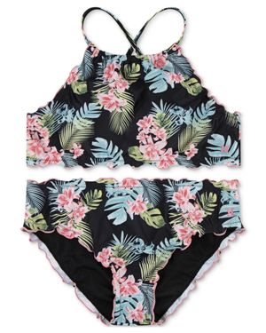 Hurley Girls Bikini Set Tropical Print Halter Neck Swimwear Gbo1425 - Metallic