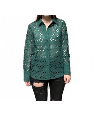 Bluivy Eyelet Long Sleeve Button Down Top - Green