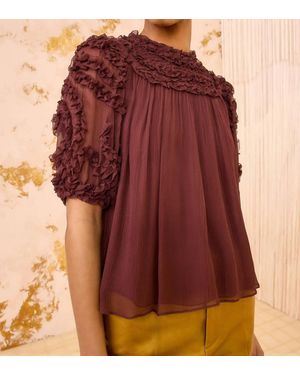 Ulla Johnson Isolda Silk Smocked Short Sleeve Blouse - Red