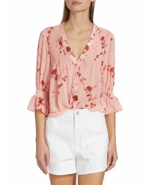 Cinq À Sept Jennings Floral Pintuck Button-Front Top - Red