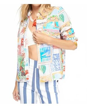 Vilagallo Sara Travel Stamps Print Cotton Shirt - White