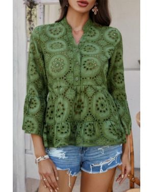 TRUEDAMES Solid Half Button Flounce Sleeve Peplum Blouse - Green