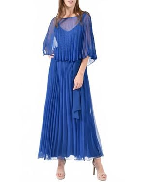 Komarov Sunburst Pleated Chiffon Blouson Midi Dress - Blue