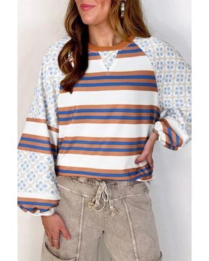 TRUEDAMES Striped Floral Printed Patchwork Lantern Sleeve Blouse - Gray