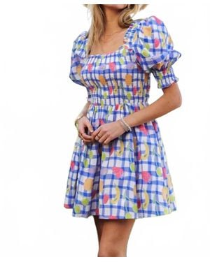Davi & Dani Smocked Checker Fruits Print Mini Dress - Blue