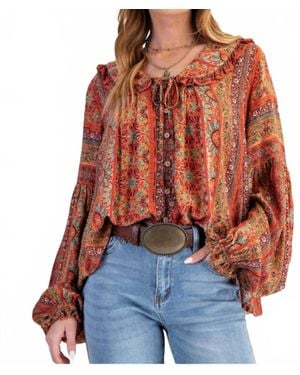 Easel Printed Gauze Button Down Blouse - Red