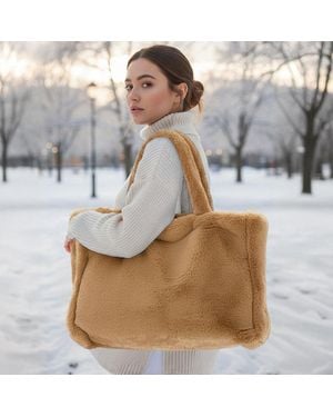 Fashnzfab Oversized Faux Fur Soft-Touch Tote Bag - Gray
