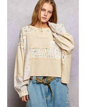 Pol Marbella Long Sleeve Round Neck Floral Top - Natural