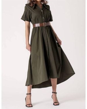 Urban Daizy Exaggerated Collar Spring Shirt Belted Midi Dress - Green