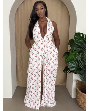TRUEDAMES Cherry Print Halter Wide-Leg Jumpsuit - White