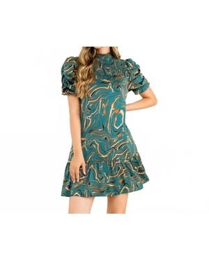 Thml Ruched Sleeve Abstract Print Dress - Green