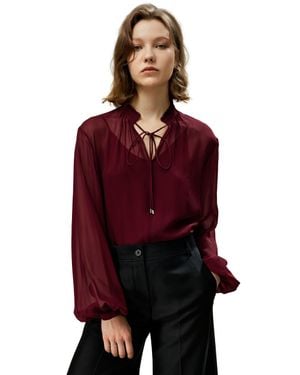 LILYSILK Tie Front Drawstring Georgette Blouse For - Red