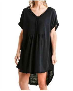 Umgee Folded Sleeve Frayed Edge Mini Dress - Black