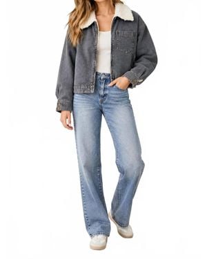 Mystree Faux Fur Collar Denim Blouson Jacket - Blue