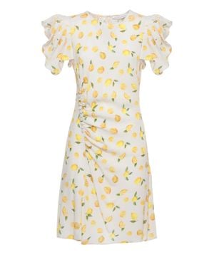 Mar De Margaritas Ivory Mini Dress With Citron Pattern And Ruffled Sleeves - White