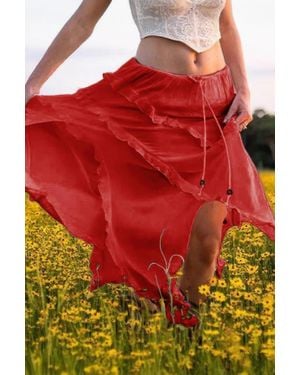 TRUEDAMES Solid Ruffle Drawstring Waist Asymmetry Hem Skirt - Red