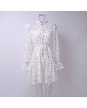 TRUEDAMES Chiffon Floral Dress Neckline Ruffle Strap Splicing Horn Skirt Pleated Mini Dress Lace Up Ruffle - Purple