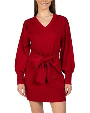 Love Token Short Knit Mini Sweater Dress With Tie - Red