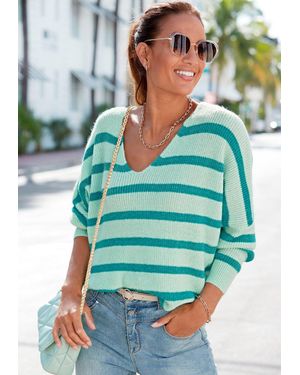 Lascana Striped V-Neck Sweater - Green
