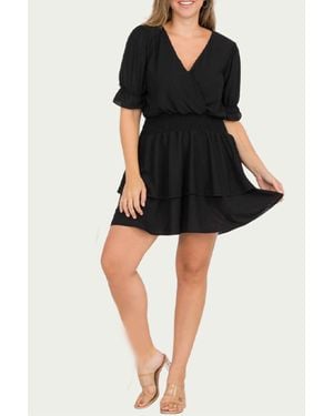 Blue Leopard Smocked Surplice Woven Mini Dress - Black