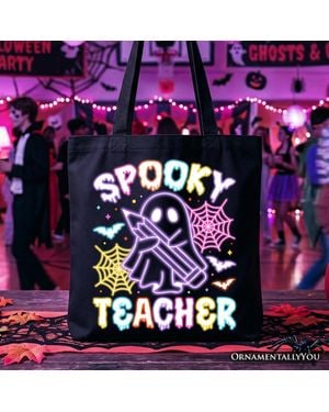 OrnamentallyYou Retro Neon Ghost Teacher Tote Bag Halloween Educator Gift - Purple