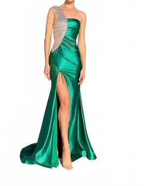 Vienna Prom Emerald One Shoulder Rhinestone Prom Dress - Green