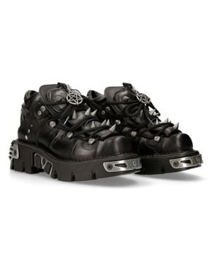 New Rock 110-S1 Bootie Metal Spikes Goth Punk Laced - Black