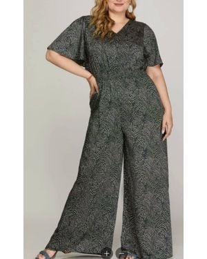 She + Sky Flounce Sleeves Wide Leg Jumpsuit - Green