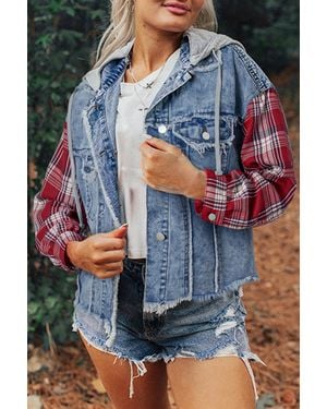 TRUEDAMES Beau Plaid Print Patchwork Hooded Raw Hem Denim Jacket - Blue