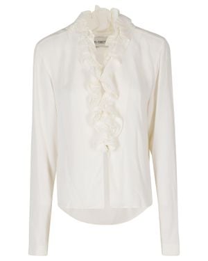 Alberta Ferretti Ivory Georgette Lace Trimmed Ruffled V-Neck Viscose Blouse - White