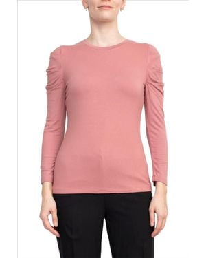 Catherine Malandrino Crewneck Long Sleeve Ruched Shoulder Solid Knit Top - Pink