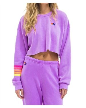 Aviator Nation Rugby Stitch Cropped Crew Sweatshirt - Purple