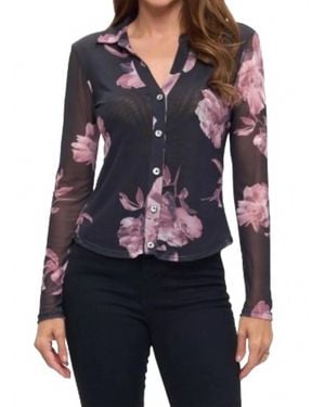 Ariella Floral Collared Mesh Top - Blue