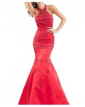 Rachel Allan Matte Satin Halter Beaded Mermaid Prom Gown - Red