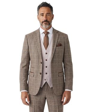 Paul Andrew Harris Tweed Check 3 Piece Wedding Suit With Stone Waistcoat - Brown