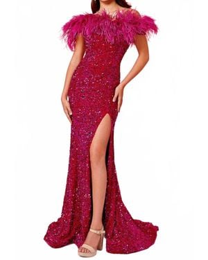 Rachel Allan Feathered Off Shoulder Prom Gown